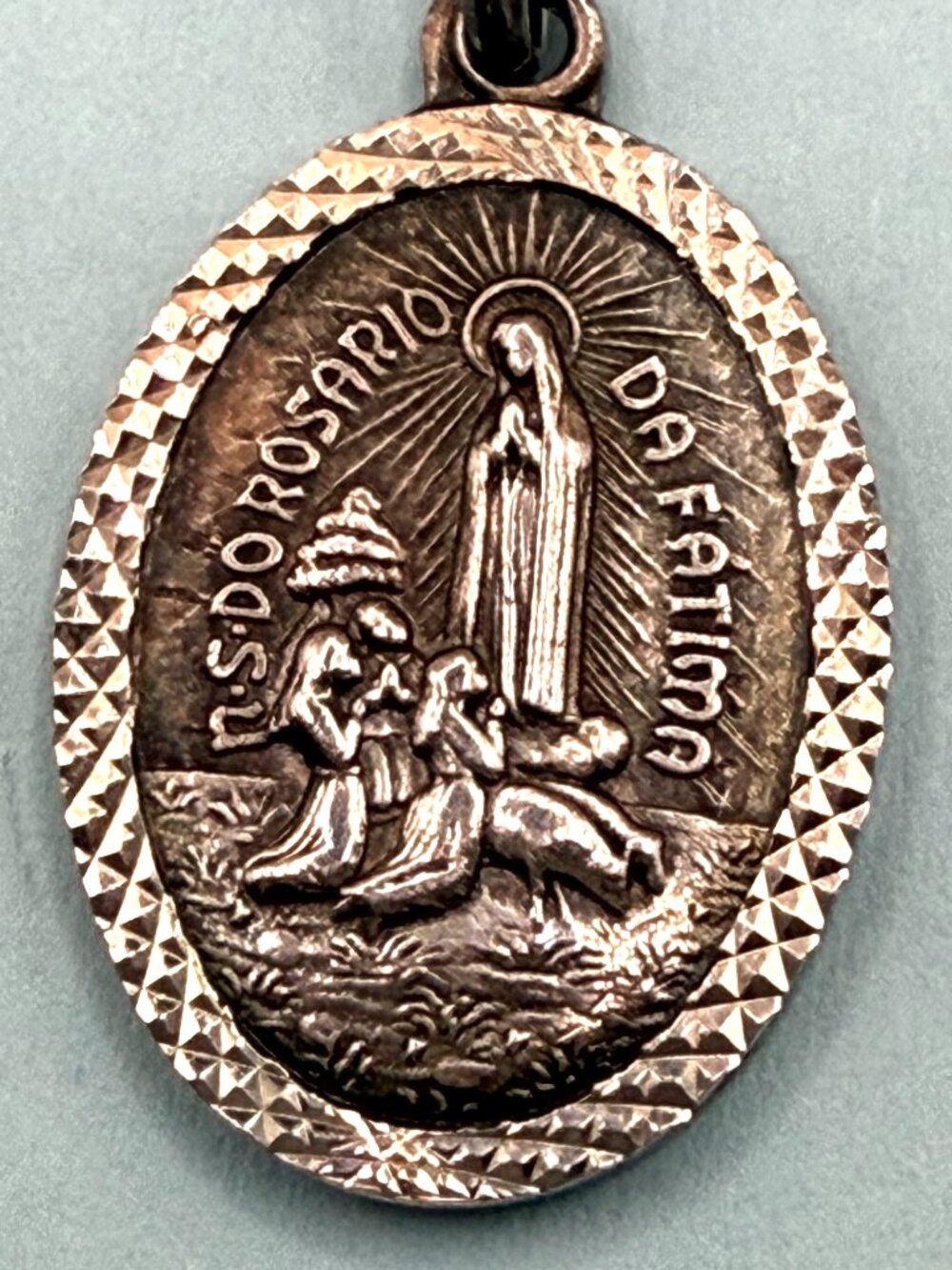 Vintage Our Lady of Fatima Diamond Cut Silver Religious Medal Pendant Jesus